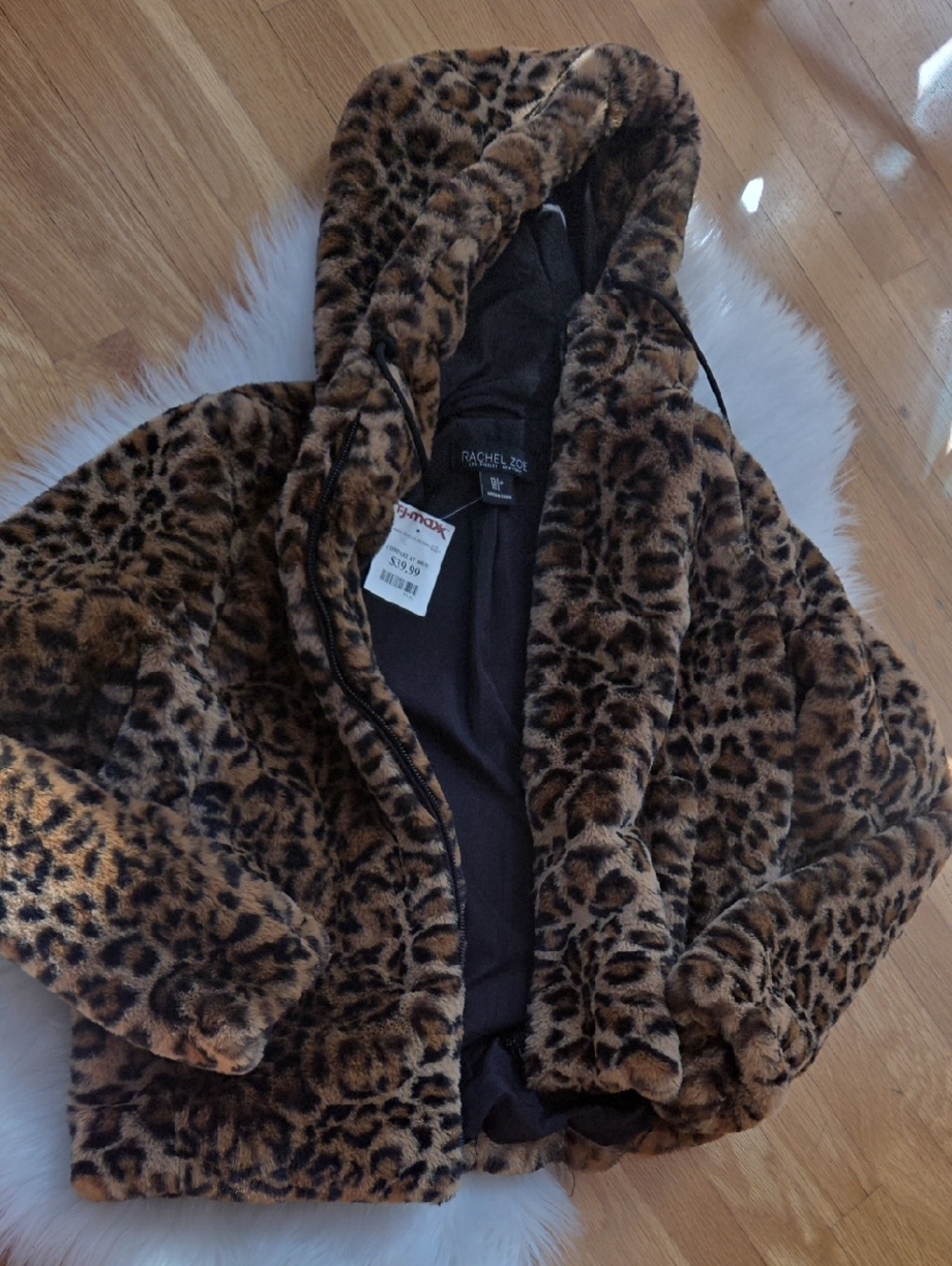 Rachel Zoe Leopard-Print Faux Fur Hooded Coat in Brown and Black